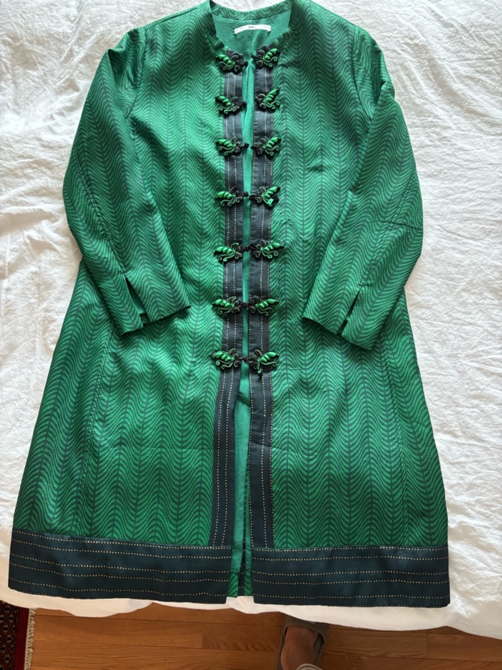 Green Silk Long Coat with Frog Closures, Silk Camisole and Silk Pants